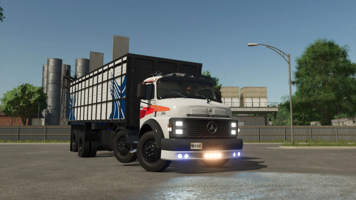 fs25-mods,  Mercedes Benz 1313 truck mod in Farming Simulator 25, showcasing detailed design and exterior against a rural backdrop.