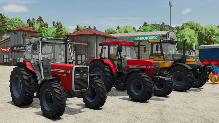 fs25-mods,  FS25 Modern Classics DLC: three vintage tractors parked at a dealership.