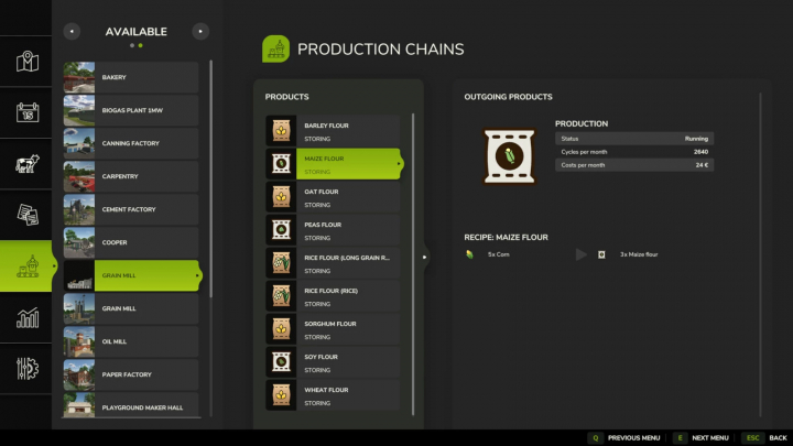 fs25-mods,  FS25 mods Production Chains interface showing Grain Mill and various flours including maize, with production details.