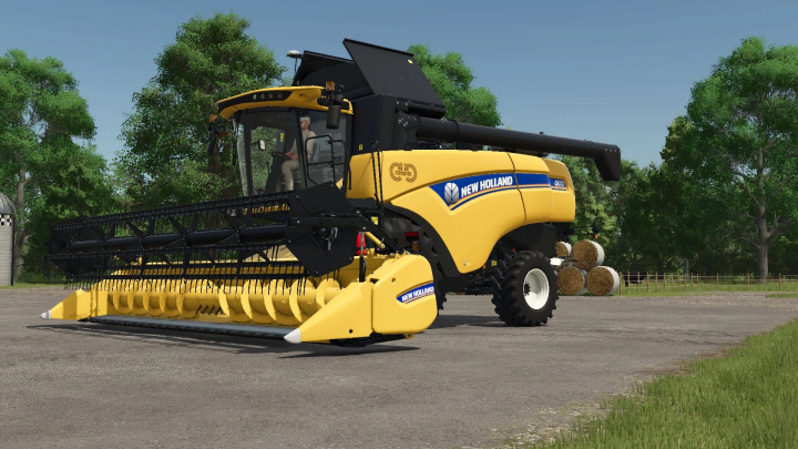 fs25-mods,  New Holland SuperFlex 25 mod in Farming Simulator 25, featuring a modern yellow harvester in a farm setting.