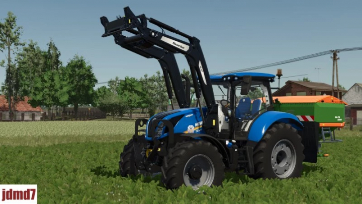 fs25-mods, New Holland T6.180 2020 mod in FS25 featuring a blue tractor with front loader in a farm setting.