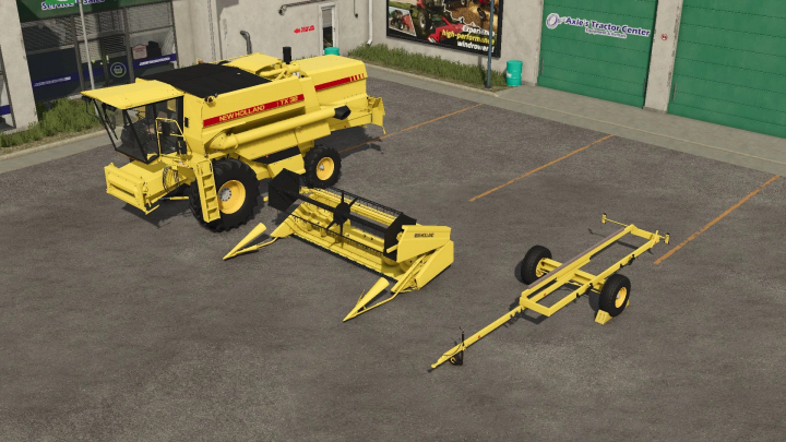 fs25-mods,  New Holland TX 32 combine harvester mod for Farming Simulator 25 shown in a parking lot with attached equipment.