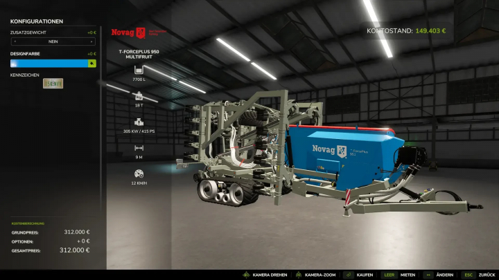 fs25-mods, FS25 mod Novag T-Force Plus 950 MultiFruit v1.0.0.0 displayed in a virtual garage.