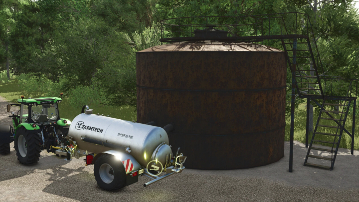 fs25-mods,  FS25 mod - Old Slurry Tank v1.0.0.0 with tractor in a forest setting.