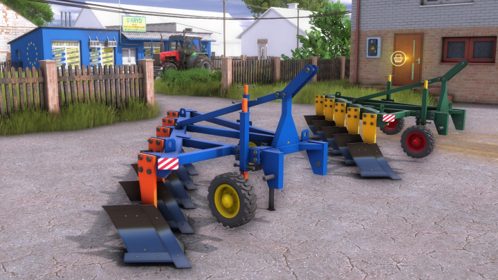 fs25-mods, FS25 mods: PShK-5 Plow v1.0.0.0 parked in a farmyard with buildings and tractor in the background.