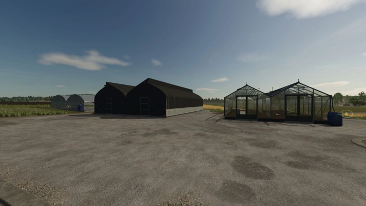 fs25-mods,  Pack of realistic greenhouses in FS25 mod, featuring glass and metal structures on a farm.