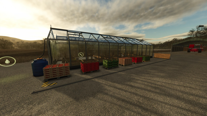 fs25-mods, Greenhouse with pallets and crates for FS25 Pallet Pusher mod v1.0.0.0 in Farming Simulator 25.