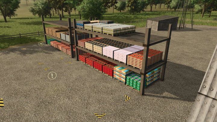 fs25-mods,  FS25 mod showing a pallet shelf loaded with various goods in a rural setting.