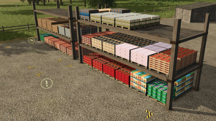 fs25-mods, Pallet Shelf v1.0.0.1 mod for FS25 showing organized pallets with various goods in a farming setting.