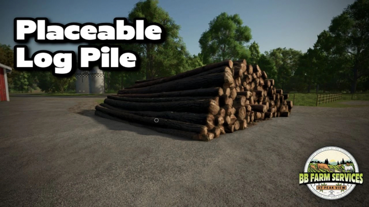 fs25-mods, FS25 mod Placeable Log Stack v1.0.0.0 showing a stack of logs in a farming environment with trees in the background.