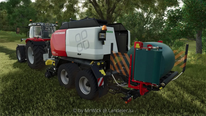 fs25-mods, Poettinger Impress 3190 VC PRO LE-Edition mod in Farming Simulator 25, showcasing advanced baling equipment on a tractor in a grassy field.