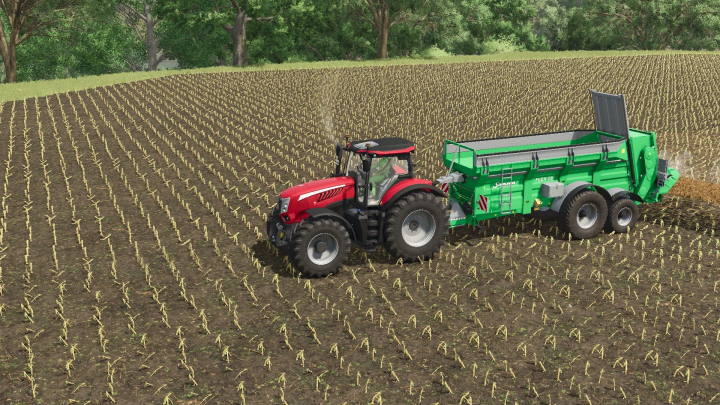 fs25-mods,  FS25 mod Samson Flex 23 v1.0.0.0 showcasing a red tractor towing a green manure spreader in a field.