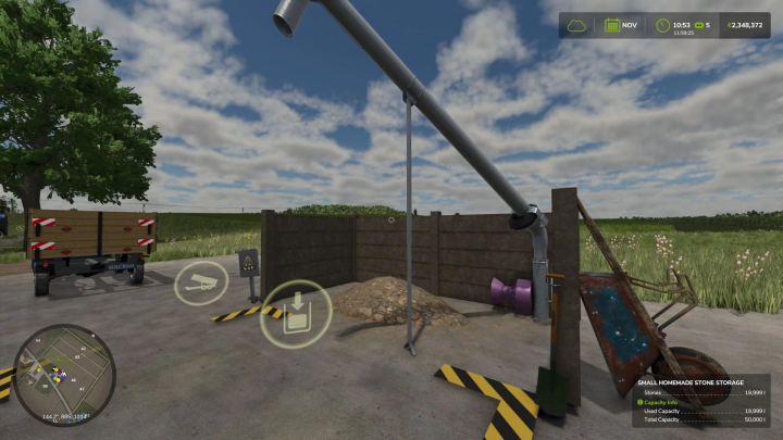 fs25-mods, FS25 mod image showing Small Handmade Stone Silo in Farming Simulator 25 with stone pile and auger.