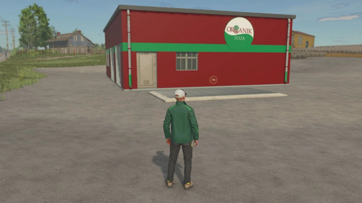 fs25-mods, FS25 mods: Soja Factory v1.0.0.0 with a character standing outside a red building labeled 'Organik Soja'.