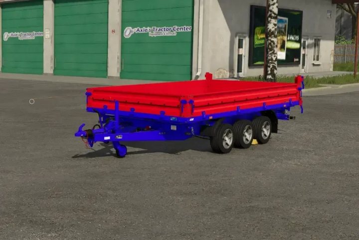 fs25-mods, Stema Trailer v1.0.0.0 mod for FS25, a red and blue trailer parked in front of Axle's Tractor Center.