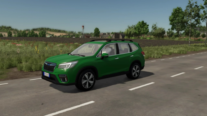 fs25-mods,  Subaru Forester FS25 mod in green, parked on a road in Farming Simulator 25.