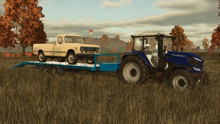 fs25-mods, A tractor towing a flatbed trailer with a vintage truck in FS25 mod Tps v1.0.0.0, set in an autumn landscape.