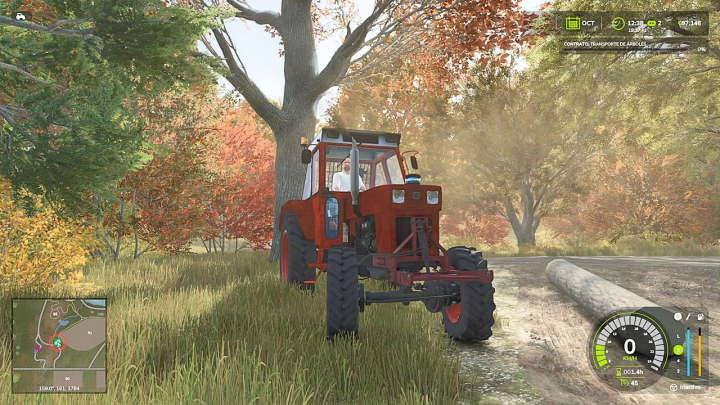 fs25-mods,  FS25 mod Universal 650 Trapez Forest v1.0.0.0 showing a red tractor in an autumn forest setting.