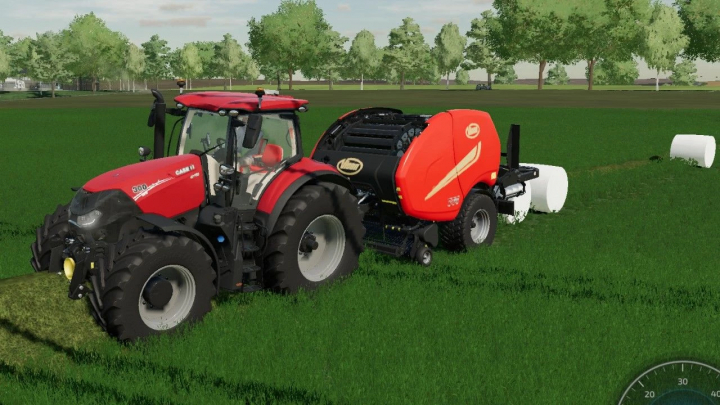 fs25-mods,  FS25 Vicon Fastbale SPEED mod v1.0.0.0 showing a red tractor connected to a baler on a green field.