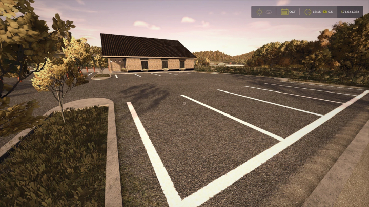 fs25-mods,  Farming Simulator 25 mod: Volunteer Fire Station with parking lot, surrounded by trees.