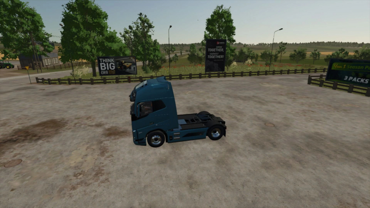 fs25-mods,  Volvo FH Electric 1000 mod in FS25, parked on a lot with billboards and trees in the background.