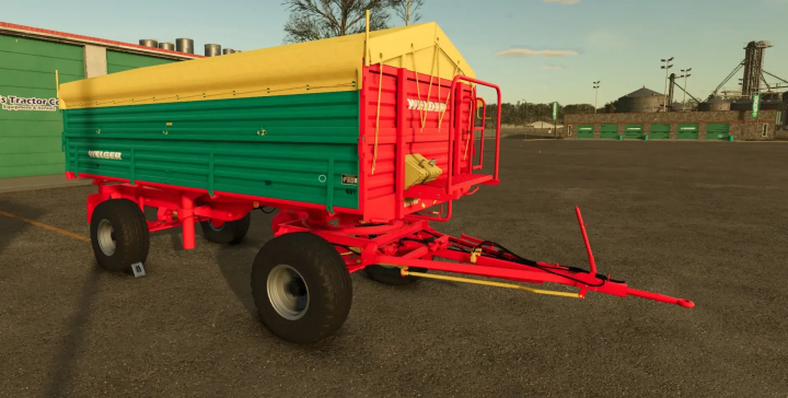 fs25-mods,  Welger DK 115 Kipper trailer mod for Farming Simulator 25, featuring a multicolored design, parked in a farming lot.