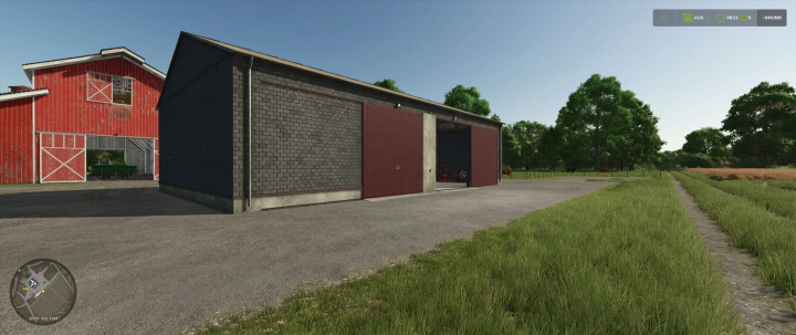 fs25-mods,  Workshop in Hall mod for FS25 with red barn and open shed in scenic farm view.