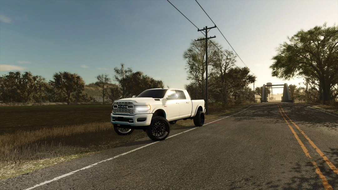 2024 Dodge Ram 2500 Mega Cab mod in FS25 on a rural road. FS25 mods enhance gameplay.