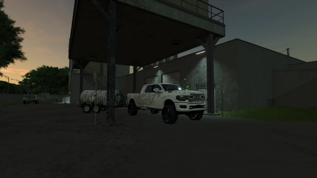 2024 Dodge Ram 2500 Mega Cab mod in FS25, parked at a farm building at dusk.