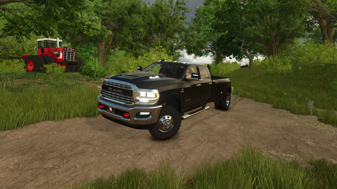 2024 Dodge Ram 3500 CrewCab mod in FS25 showcased in a forest setting.