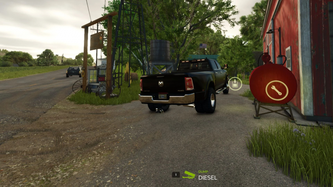 FS25 mod 2024 Dodge Ram 3500 CrewCab v1.0.0.3 parked near a diesel tank on a farm road.