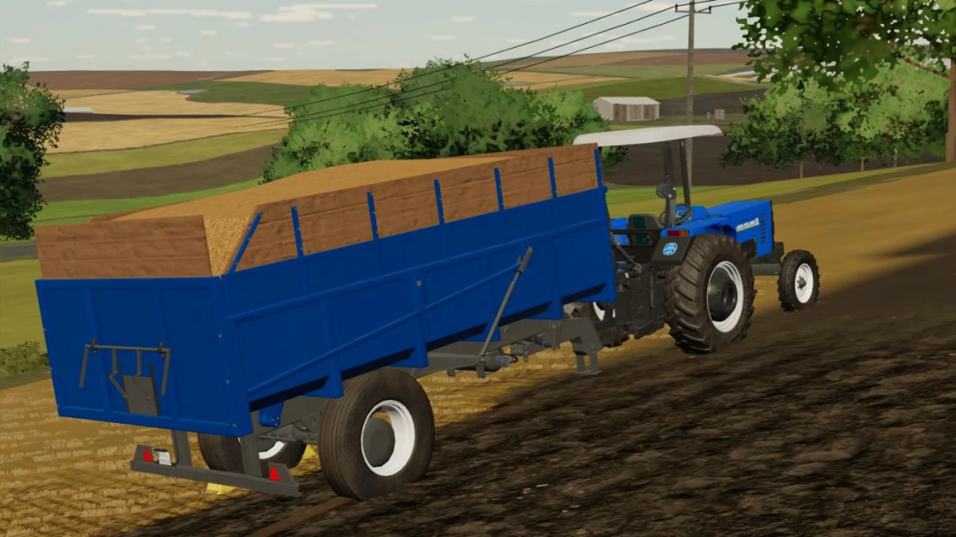 FS22 mod 30 Ton Trailer v3.0.0.0 in blue, attached to a tractor, carrying a load, showcasing Farming Simulator 22 mods.