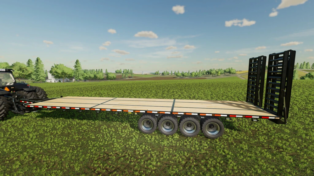 FS22 mod 40' Flatbed Autoloading Bale Trailer v1.1.0.2 in a field setting with trees and a clear sky.