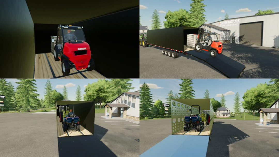 FS22 mod showing a 40' Flatbed Autoloading Bale Trailer transporting equipment at a farm setting.