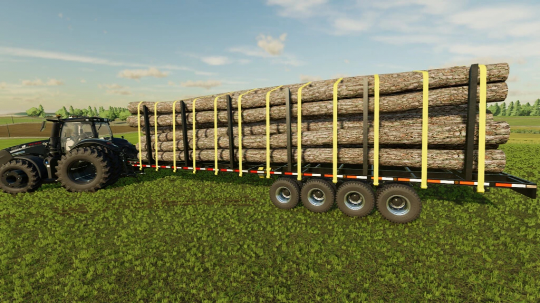 FS22 mod: 40' Flatbed Autoloading Bale Trailer v1.1.0.2 carrying logs, attached to a tractor in a field from Farming Simulator 22.