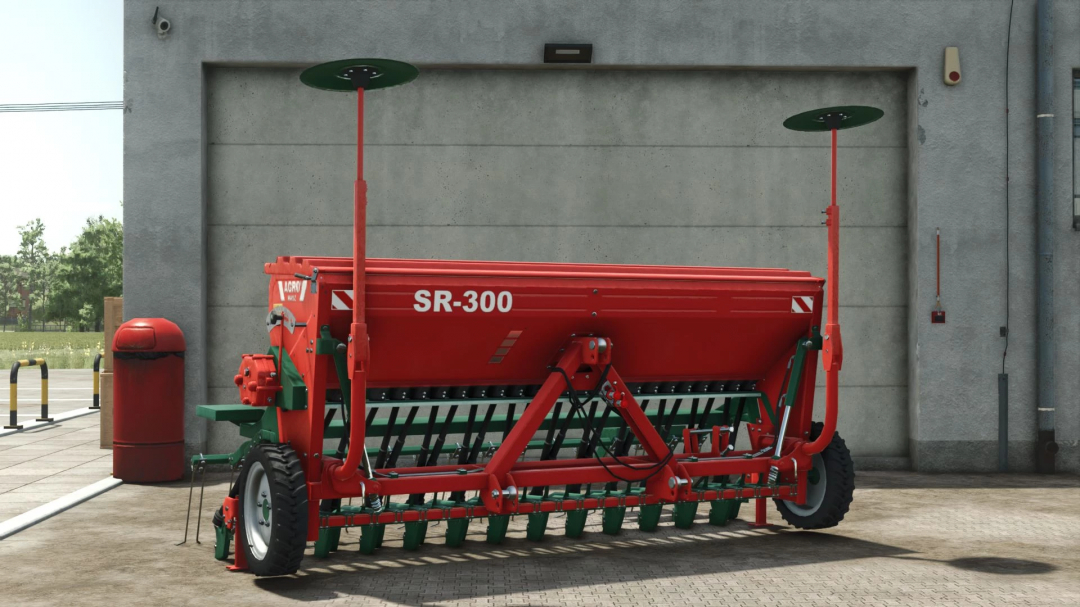 Agromasz SR300 seeder mod for FS25, shown in a garage environment.