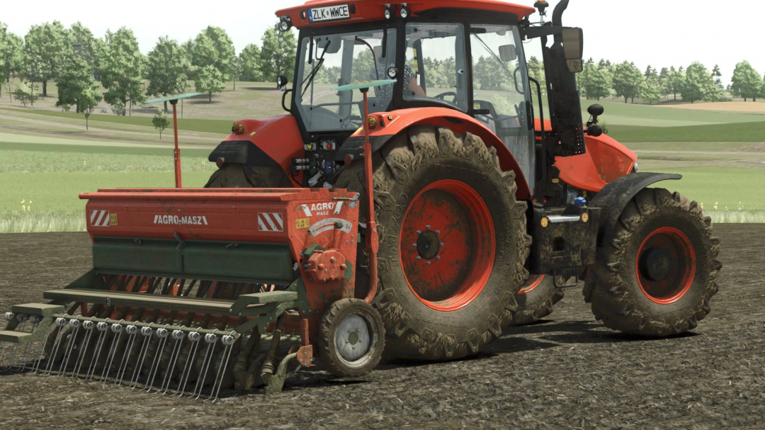 FS25 mod Agromasz SR300 v1.0.0.0 with a red tractor on a field