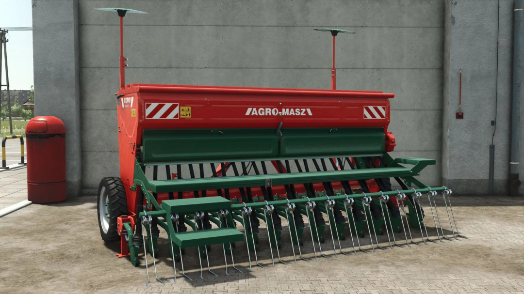 FS25 mod Agromasz SR300 v1.0.0.0, a detailed red and green agricultural seeder, displayed in Farming Simulator 25.