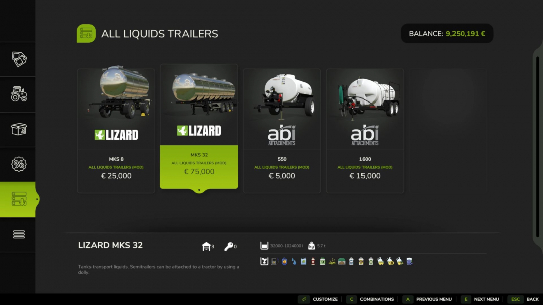 FS25 All Liquids Trailers mod selection screen showing Lizard MKS 32, MKS 8, ABI 550, and ABI 1600 with prices.