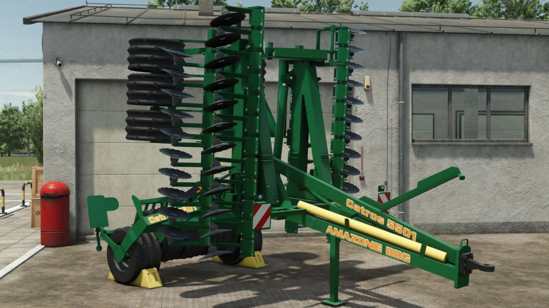 Amazone Catros 5501, a FS25 mod, showcased in a yard with green and black disks. Farming Simulator 25 mods.