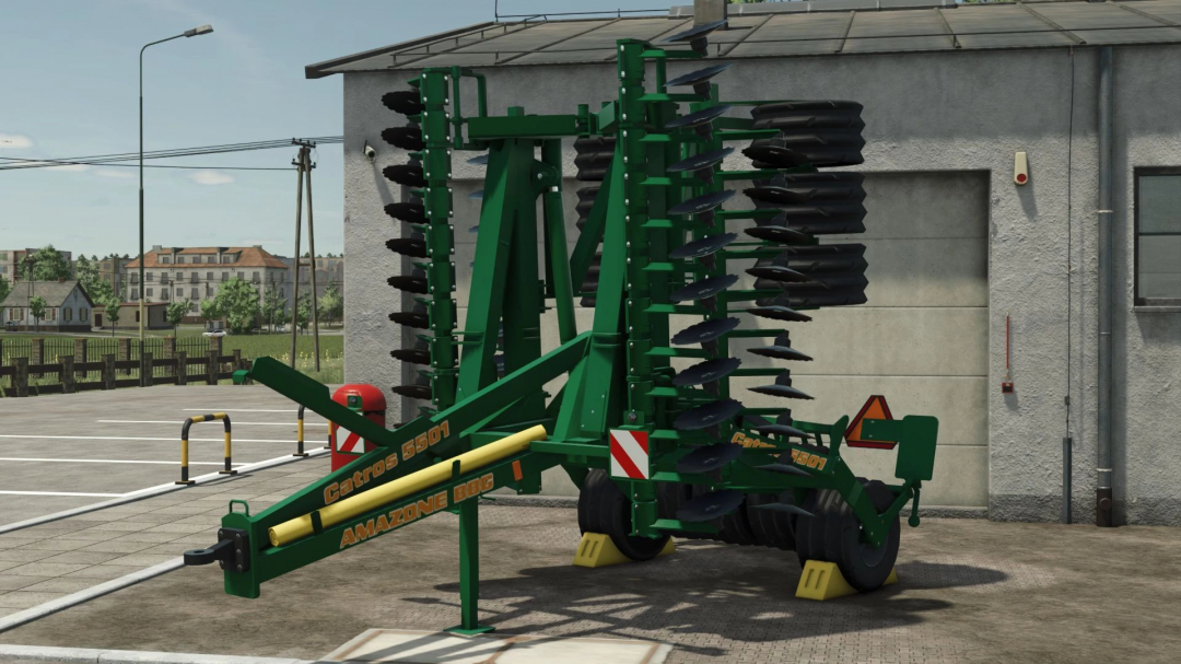 Amazone Catros 5501 farming equipment mod in FS25 at a parking area.