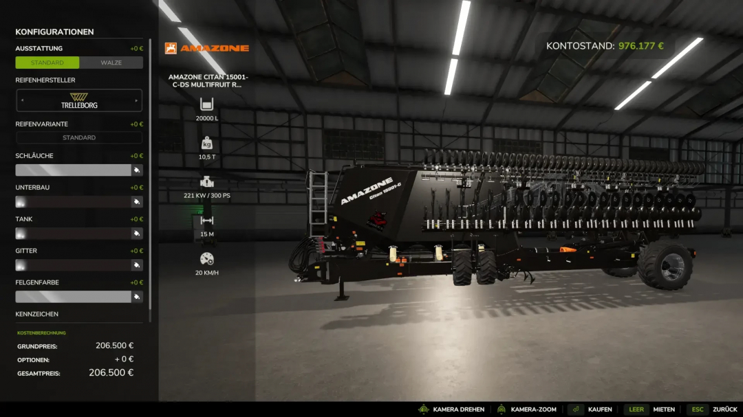 FS25 mods: Amazone Citan 15001C DS Multifrucht v1.1.0.0 seeder in a farm warehouse, showing configuration options.