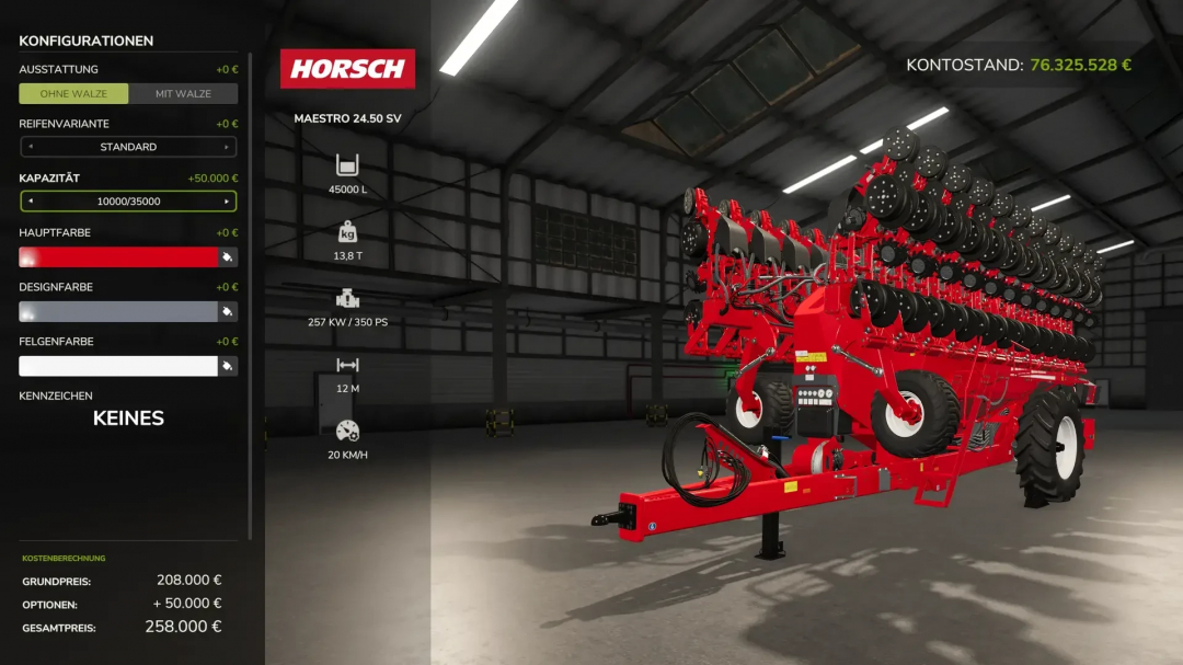 FS25 mod showcase of Horsch Maestro Multifrucht v1.0.0.0, featuring configuration options in a virtual garage setting.