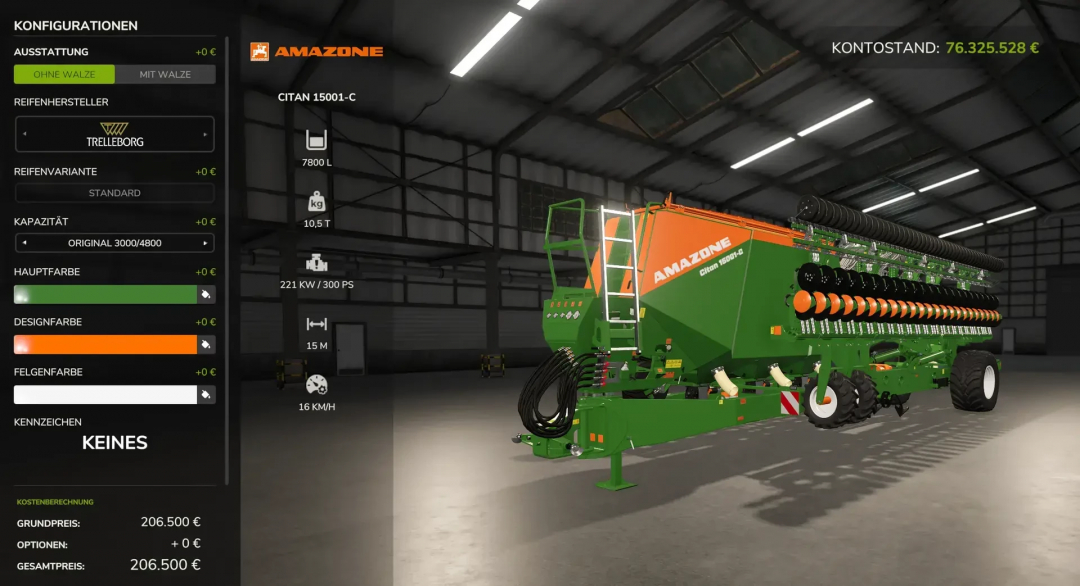 Amazone Citan 15001-C seeder in FS25 mods configuration screen, showcasing customization options.