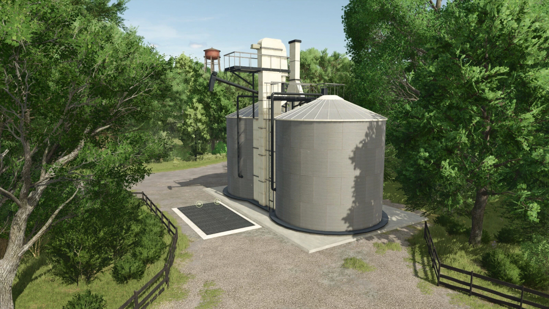 American Double Silo in FS25 mod surrounded by trees, showing detailed structure. Farming Simulator 25 mods.