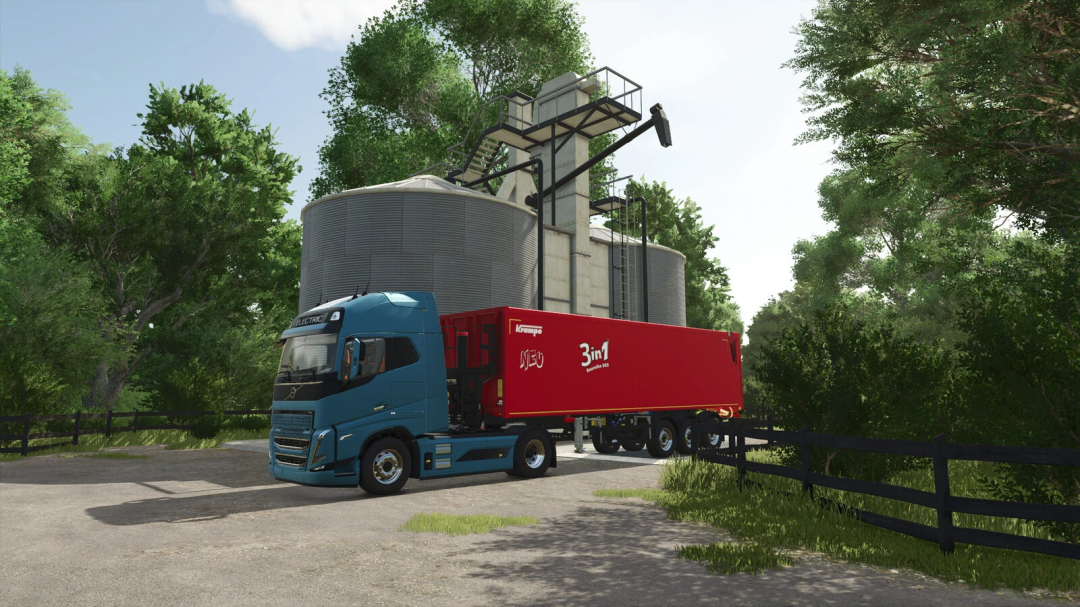 FS25 mod American Double Silo v1.0.0.0 with truck near large silos in a forest setting.