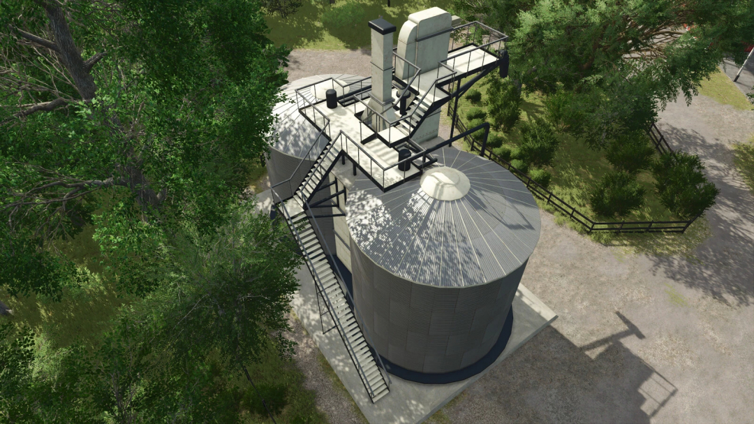 American Double Silo mod in FS25, featuring two large silos with stairs surrounded by trees.