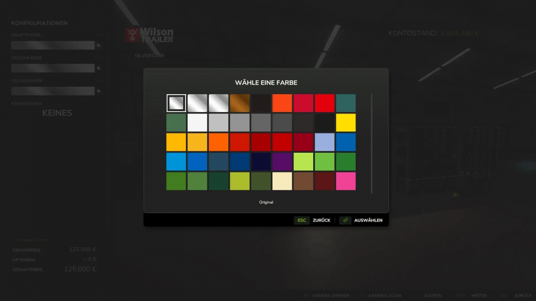 Color selection menu for Animal Transport mod in Farming Simulator 25, featuring various color options for customization.