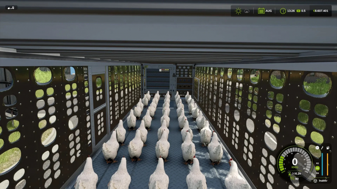 FS25 mod Animal Transport v1.1.0.0 showing chickens in a transport trailer.