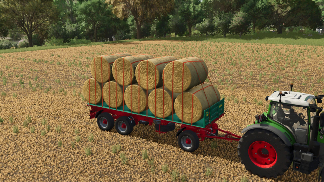 FS25 mod Bale Autoload Pack v1.0.0.0 with trailer loaded with hay bales in a field.